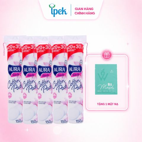 Combo 5 gói bông tẩy trang Aura Beauty 150 miếng không xơ bông 100% cotton tự nhiên