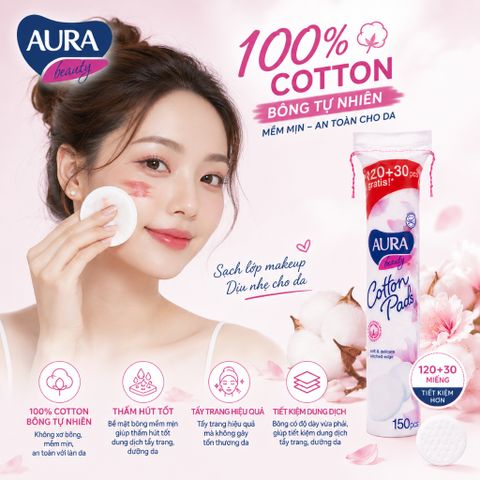 Combo 5 gói bông tẩy trang Aura Beauty 150 miếng không xơ bông 100% cotton tự nhiên