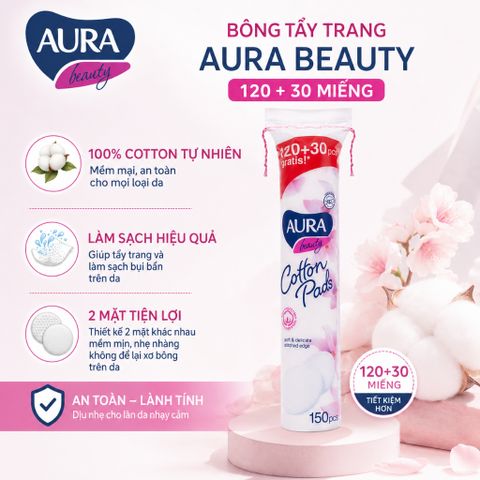 Combo 5 gói bông tẩy trang Aura Beauty 150 miếng không xơ bông 100% cotton tự nhiên