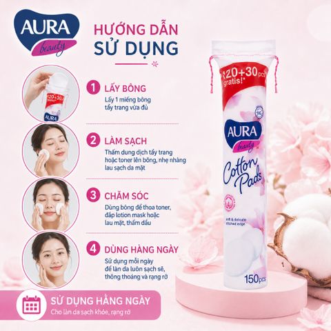 Combo 5 gói bông tẩy trang Aura Beauty 150 miếng không xơ bông 100% cotton tự nhiên