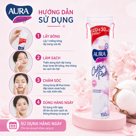 Combo 3 Bông tẩy trang Aura Beauty 120+30 miếng tẩy trang không xơ bông 100% cotton tự nhiên