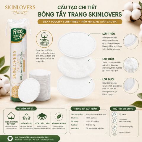 Bông Tẩy Trang Skinlovers 150 Miếng Cotton Tự Nhiên Mềm Mịn Làm Sạch Dịu Nhẹ Không Xơ Cho Da Nhạy Cảm