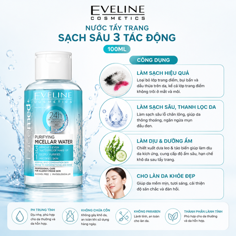 Nước Tẩy Trang Eveline Facemed+ 100ML Sạch Sâu 3 Tác Động Dịu Nhẹ Không Cồn