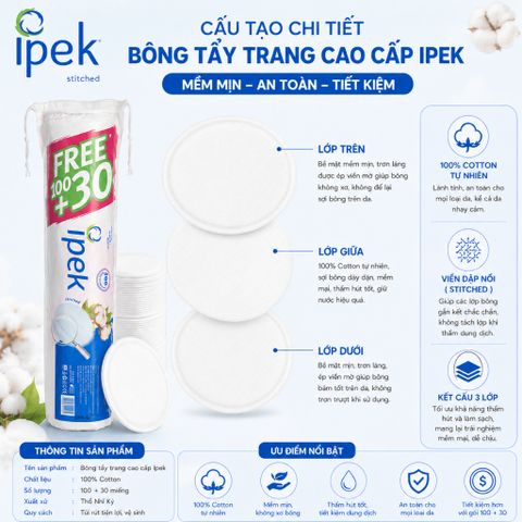 Combo 5 cây bông tẩy trang Ipek 150 miếng tròn 100% cotton chính hãng siêu mềm mịn tự nhiên
