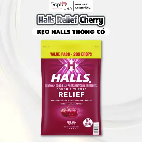 HALLS Relief Kẹo Ngậm Vị Cherry 800g - Giảm Khó Chịu Cổ Họng, Mát Lạnh, Tiện Lợi Dùng Hằng Ngày