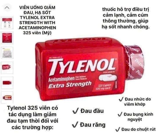 VIÊN UỐNG GIẢM ĐAU HẠ SỐT TYLENOL 290v Mỹ