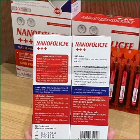 1 HỘP NANOFOLICFE +++ – NƯỚC UỐNG BỔ SUNG SẮT, ACID FOLIC, HỖ TRỢ QUÁ TRÌNH TẠO MÁU, GIẢM NGUY CƠ THIẾU MÁU DO THIẾU SẮT – HỘP 20 ỐNG x 10ML.