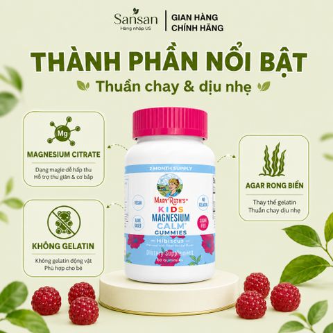 TPBVSK Kẹo dẻo Mary Ruths Kids Magnesium Calm Gummies, Hỗ Trợ Bình Tĩnh & Giấc Ngủ Cho Trẻ 60 Viên