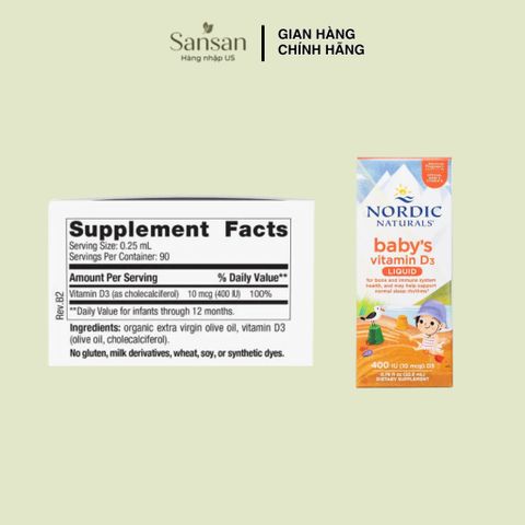TPBVSK Vitamin D3 Nordic Naturals Baby 400IU Cho Bé Sơ Sinh 22.5ml - Xách tay/ Nhập khẩu