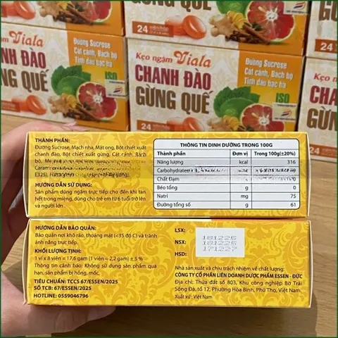 1 HỘP KẸO NGẬM VIALA CHANH ĐÀO GỪNG QUẾ - HỖ TRỢ GIẢM HO, LONG ĐỜM, MÁT HỌNG, TINH DẦU BẠC HÀ - HỘP 24 VIÊN