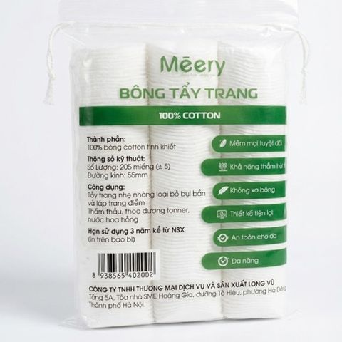 Bông Tẩy Trang MÉERY Meery 205 Miếng 100% Cotton, BTT 125 Miếng