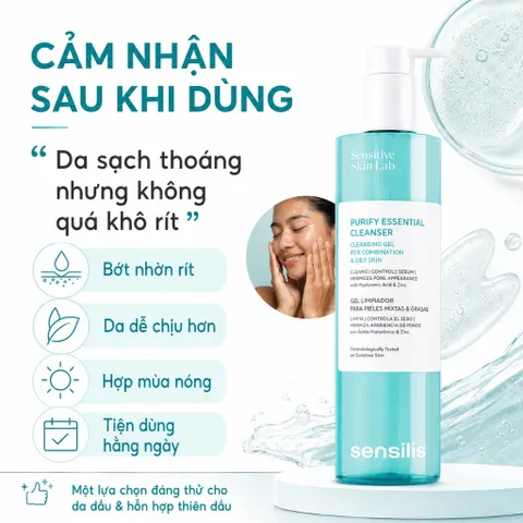 Gel Rửa Mặt Sensilis Purify Essential Cleanser 200ml/400ml Da Dầu Mụn, Kiểm Soát Nhờn