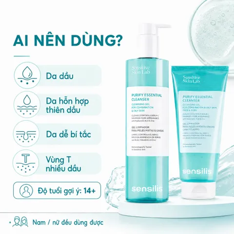 Gel Rửa Mặt Sensilis Purify Essential Cleanser 200ml/400ml Da Dầu Mụn, Kiểm Soát Nhờn