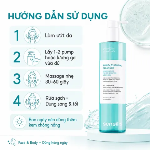 Gel Rửa Mặt Sensilis Purify Essential Cleanser 200ml/400ml Da Dầu Mụn, Kiểm Soát Nhờn