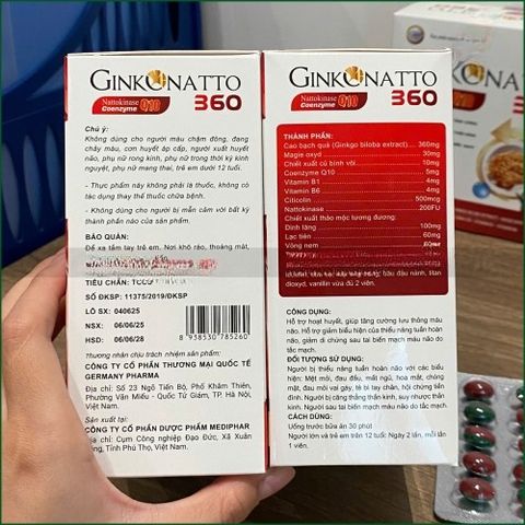 1 HỘP VIÊN UỐNG GINKONATTO 360 NATTOKINASE Q10 COENZYME - HỖ TRỢ HOẠT HUYẾT, TĂNG CƯỜNG TUẦN HOÀN MÁU NÃO, GIẢM BIẾN CHỨNG SAU TAI BIẾN MẠCH MÁU NÃO - HỘP 100 VIÊN