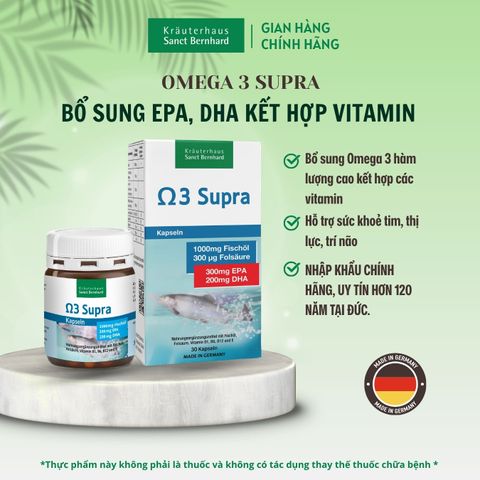 Viên uống dầu cá OMEGA 3 SUPRA 1000mg - Bổ sung omega-3 và vitamin A, D, E cho sức khỏe tim mạch và não bộ - Sanct Bernhard 30v