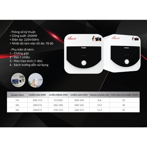 [GIAO LẮP MIỀN BẮC] Bình nóng lạnh gián tiếp Rossi Amore Vuông (15/20/30 Lít) - Chính hãng, Bảo Hành 7 năm