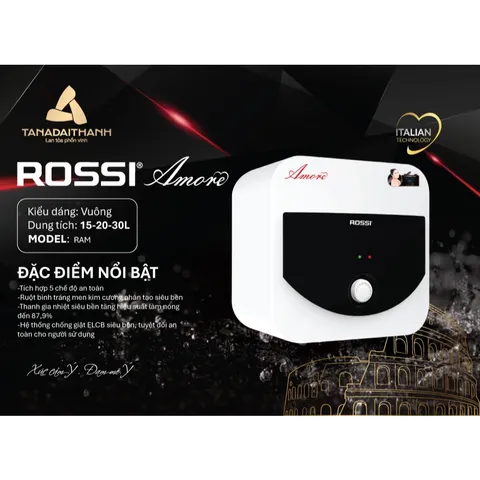 [GIAO LẮP MIỀN BẮC] Bình Nước Nóng Gián Tiếp Rossi Amore Dáng Vuông Dung Tích 15L 20L 30L - Chính hãng