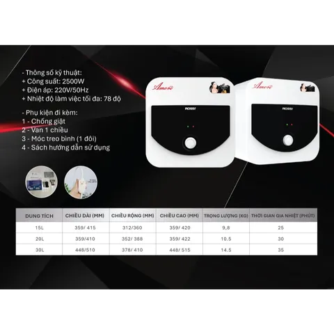 [GIAO LẮP MIỀN BẮC] Bình Nước Nóng Gián Tiếp Rossi Amore Dáng Vuông Dung Tích 15L 20L 30L - Chính hãng