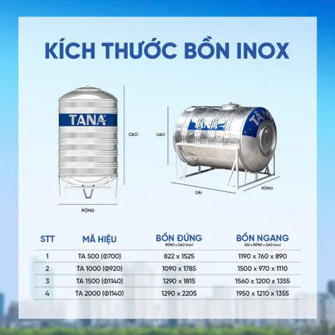 [GIAO MIỀN BẮC] Bồn nước inox Tân Á Đứng (500D, 1000D, 1500D, 2000D), Sus 304 - Chính hãng, Bảo hành 12 năm