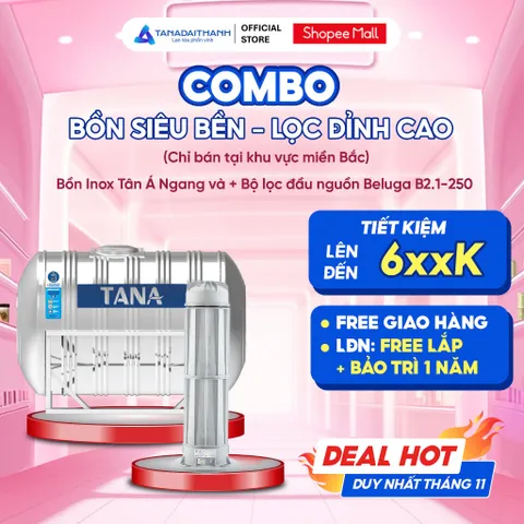[GIAO MIỀN BẮC] Combo Bồn Siêu Bền Lọc Đỉnh Cao Gồm Bồn Inox Tân Á 304 Ngang 500-2000L Và Lọc Đầu Nguồn Beluga 2.1