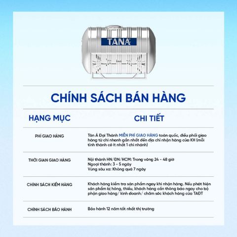 [GIAO MIỀN BẮC] Bồn nước inox Tân Á Ngang 2500N - 6000N Sus 304 - Chính hãng, Bảo hành 12 năm