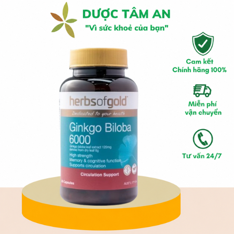 [Nhập khẩu] Thực phẩm bảo vệ sức khỏe Herbs of Gold Ginkgo Biloba 6000 (60 viên)