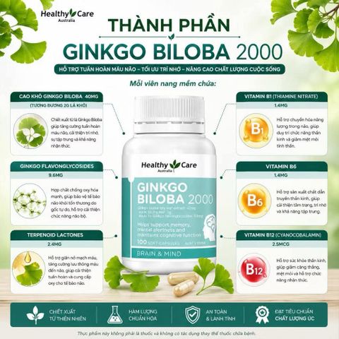 Viên Bổ Não Healthy Care Ginkgo Biloba 2000mg Tăng Cường Trí Nhớ, Giảm Đau Đầu, Lưu Thông Máu Não 100 Viên _Bee Mart