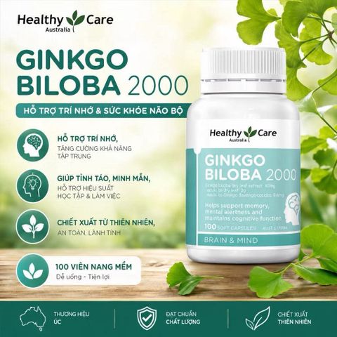 Viên Bổ Não Healthy Care Ginkgo Biloba 2000mg Tăng Cường Trí Nhớ, Giảm Đau Đầu, Lưu Thông Máu Não 100 Viên _Bee Mart