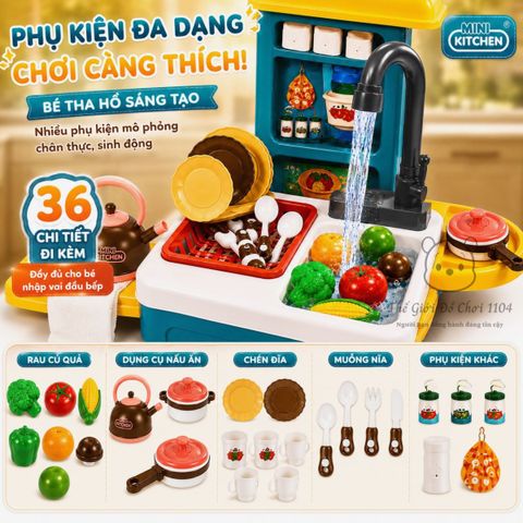 Đồ chơi nhà bếp kèm bồn rửa chén Mini Kitchen 36 chi tiết có hiệu ứng hơi nước