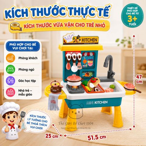 Đồ chơi nhà bếp kèm bồn rửa chén Mini Kitchen 36 chi tiết có hiệu ứng hơi nước
