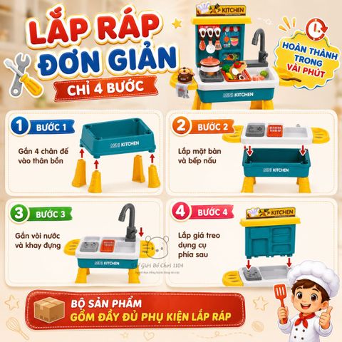 Đồ chơi nhà bếp kèm bồn rửa chén Mini Kitchen 36 chi tiết có hiệu ứng hơi nước