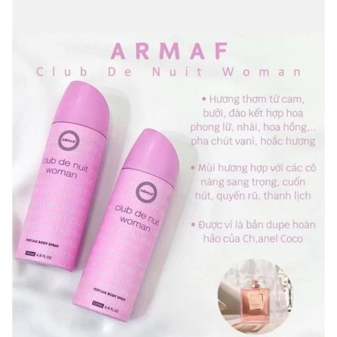 Xịt thơm toàn thân Armaf Club De Nuit Woman/Limoni/Le Parfait 200ml Chính hãng