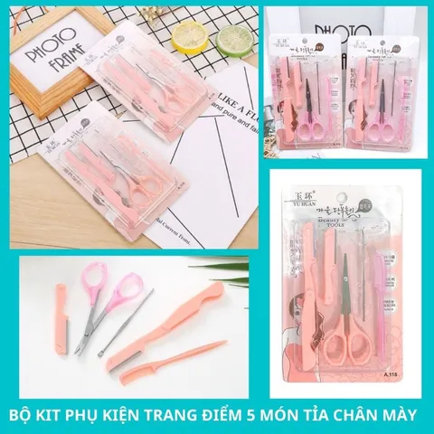 Bộ kit phụ kiện 5 món tỉa chân mày trang điểm gồm: 02 dao tỉa + 01 Lược chải + 01Kéo tỉa lông mày.+ 01 lấy ráy tai