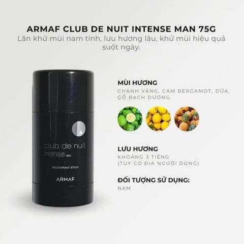 (Chính Hãng full bill) Lăn Sáp khử mùi Cao Cấp Armaf Club De Nuit Woman/Man Deodorant Stick 75g