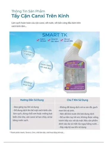 SMART TK - Nước tẩy cặn canxi SMART TK vách kính nhà tắm, nước tẩy rửa gương 300/500ml