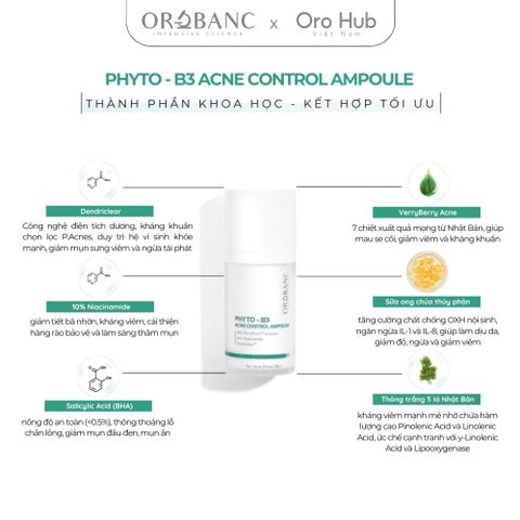 Combo Orobanc Cải Thiện Mụn, Phục Hồi Da Nhạy Cảm - Phyto B3 Acne Ampoule + Ectoin B5 Serum + Cica B3 Cream