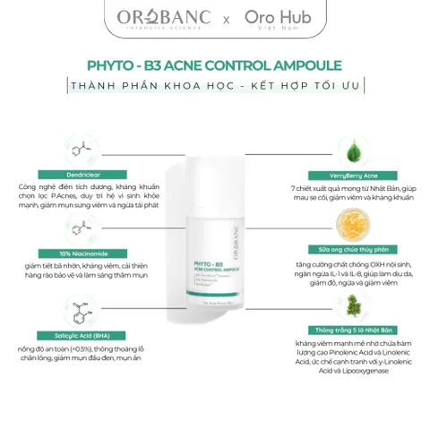 Combo Orobanc Kiểm Soát Mụn, Ngừa Sẹo - Phyto B3 Acne Ampoule + Cica Peptide Serum, Phù Hợp Da Nhạy Cảm