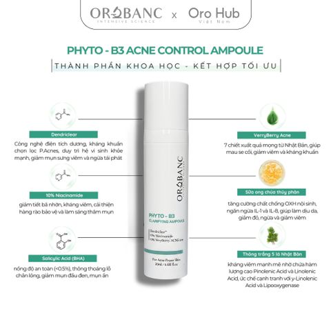 Combo Orobanc Kiểm Soát Mụn, Phục Hồi Da Nhạy Cảm - Phyto B3 Acne 20ml + Cica B3 Cream 30ml
