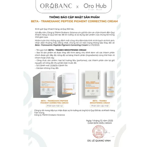 Kem Orobanc Dưỡng Sáng Da, Giảm Đốm Nâu Mờ Nám - Beta Tranexamic Peptide Pigment Correcting Cream 30g