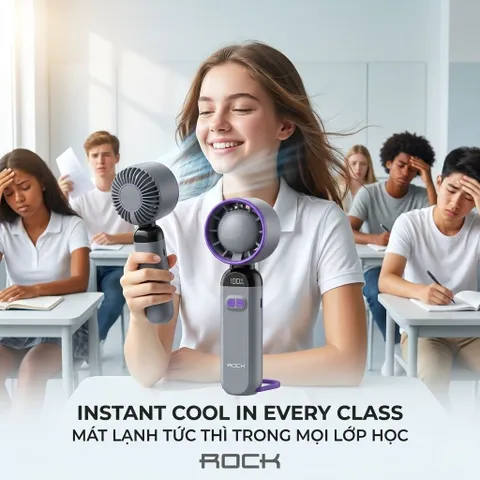 Quạt Tích Điện Cầm Tay Turbo ROCK LQ-217B Gập 90°, 100 Cấp Độ Gió, Màn Hình Led, Móc Treo Tiện Lợi