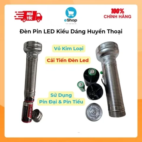 Đèn Pin LED Vỏ Kim Loại Kiểu Dáng Huyền Thoại - Dùng Được Pin Đại Và Pin Tiểu