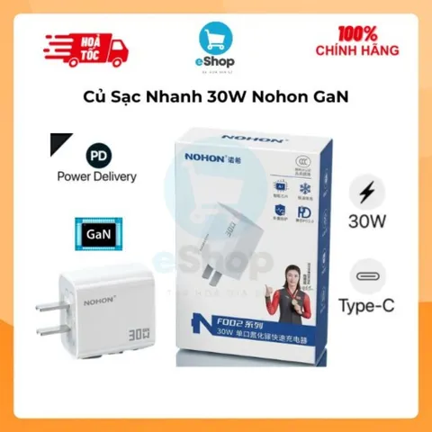 Củ Sạc Nhanh 30W Nohon F002 Công Nghệ Gan Nhỏ Gọn Cổng Type C Chuẩn PD Chứng Chỉ CCC Fullbox