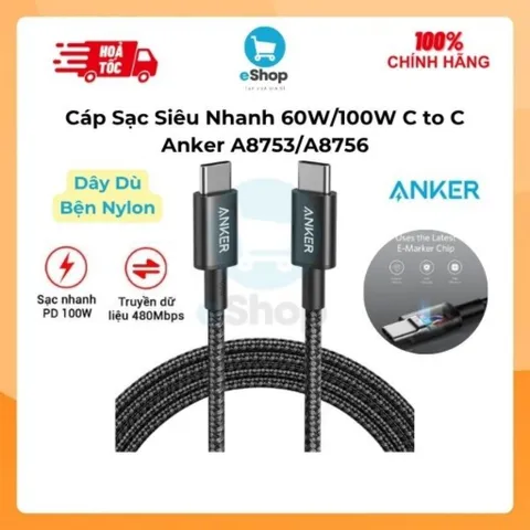 Cáp Sạc Nhanh Anker C to C 60W/100W A8753/A8756 Dây Dù Nylon Bện, Chip e-Marker, Truyền Data 480Mbps