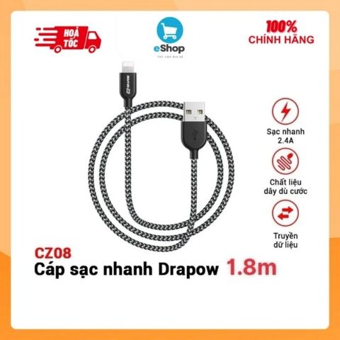 Cáp Sạc Nhanh Dây Dù Chính Hãng Drapow 2.4A Dùng Cho IP 1.8m -  CZ08 Siêu Bền Chống Đứt 759568