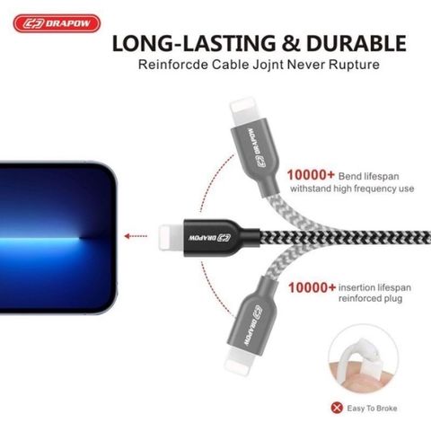Cáp Sạc Nhanh Dây Dù Chính Hãng Drapow 2.4A Dùng Cho IP 1.8m -  CZ08 Siêu Bền Chống Đứt 759568