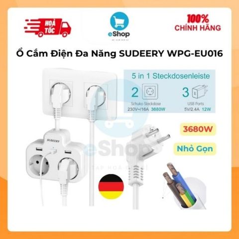 Ổ Điện Đa Năng 3680W SUDEERY WPG-EU016 ( Đức ) 2 Cổng 220V + 3 Cổng USB-A, Nhựa Cao Cấp Chống Cháy
