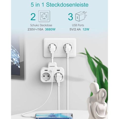 Ổ Điện Đa Năng 3680W SUDEERY WPG-EU016 ( Đức ) 2 Cổng 220V + 3 Cổng USB-A, Nhựa Cao Cấp Chống Cháy
