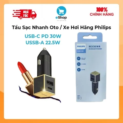 Tẩu Sạc Nhanh Oto Xe Hơi Philips 2 Cổng 52.5W Usb C PD 30w Usb A 22.5w