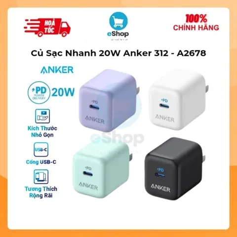 Củ Sạc Nhanh Anker 312 - A2678 20W Công Nghệ PD Type C, Nhỏ Gọn An Toàn